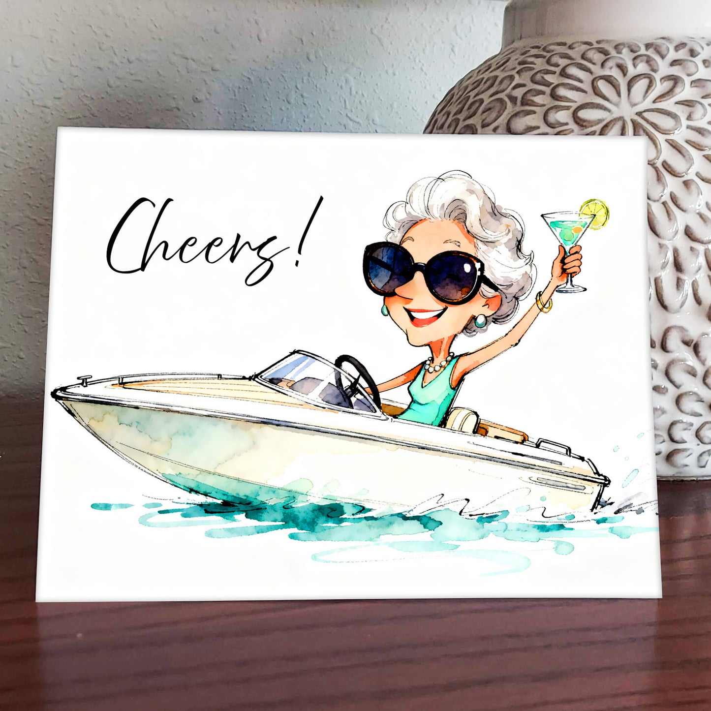 Cheers! Watercolor Style Speed Boat Woman with Martini Thinking of You Art