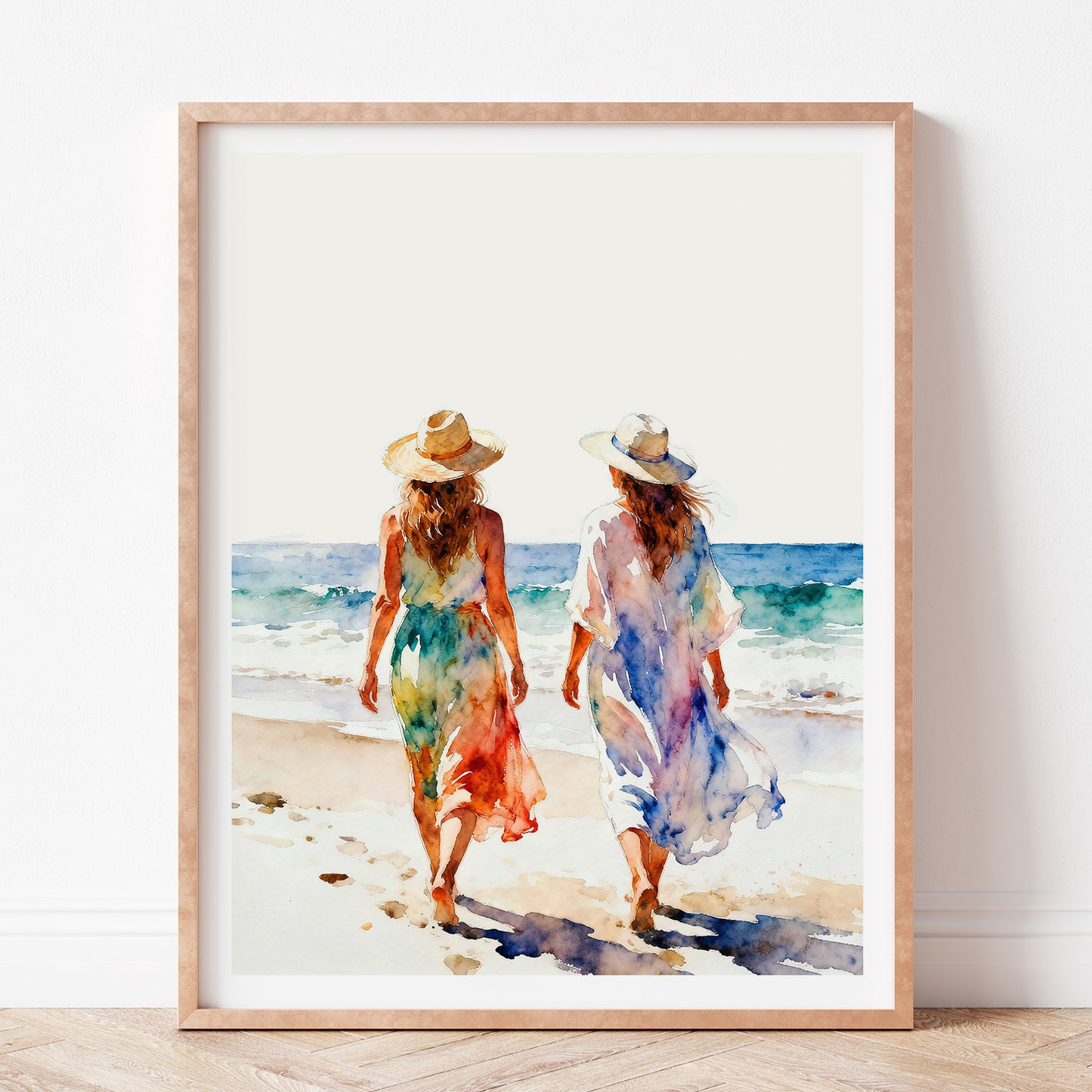 Connection Coastal Ocean Beach Watching Waves Watercolor Style Friendship Art