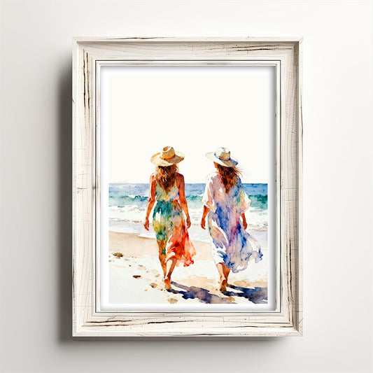 Connection Coastal Ocean Beach Watching Waves Watercolor Style Friendship Art