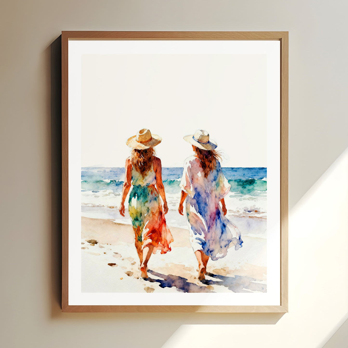 Connection Coastal Ocean Beach Watching Waves Watercolor Style Friendship Art