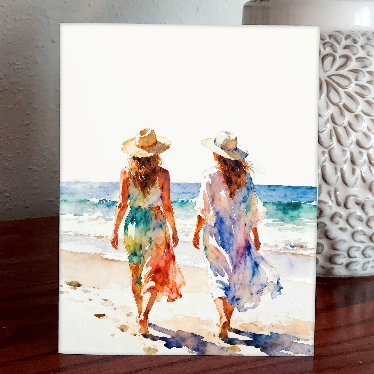 Connection Coastal Ocean Beach Watching Waves Watercolor Style Friendship Art