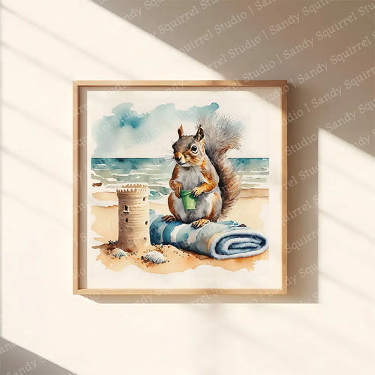 ’Day At The Beach’ Original Watercolor-Style Squirrel Wall Art 12X12 Print