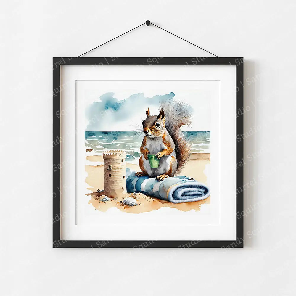 ’Day At The Beach’ Original Watercolor-Style Squirrel Wall Art 8X8 Print