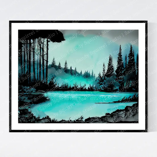 ’Ethereal North Woods In Aqua’ Lake Forest Original Art Print 10X8 Home Decor Wall