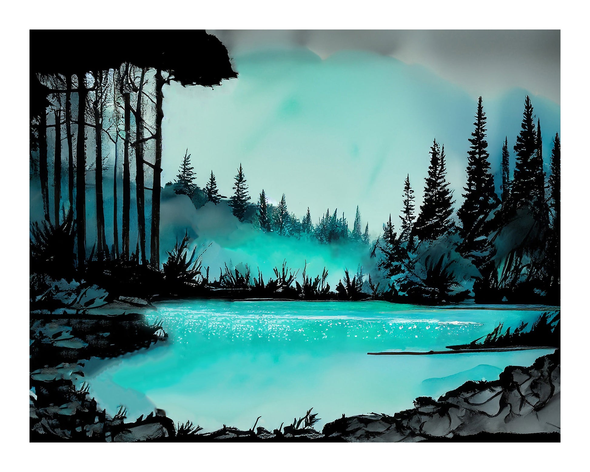 ’North Woods In Aqua’ Aqua Black Ink Original North Lake Art Print 10X8 Home Decor Wall