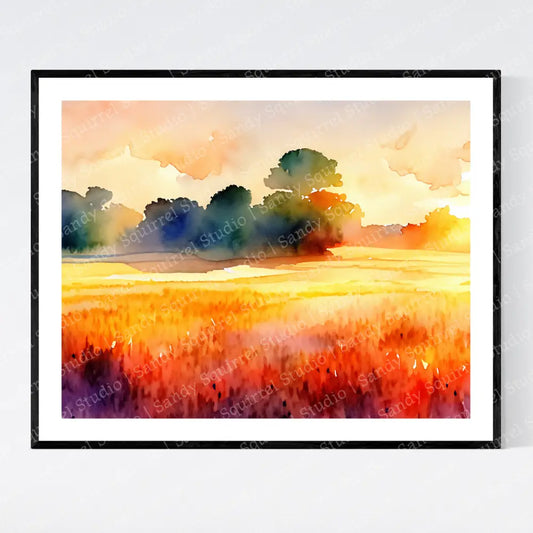 ’Field At Sunrise’ Original Floral Art Print Home Decor Wall Watercolor - Style With Vibrant Colors