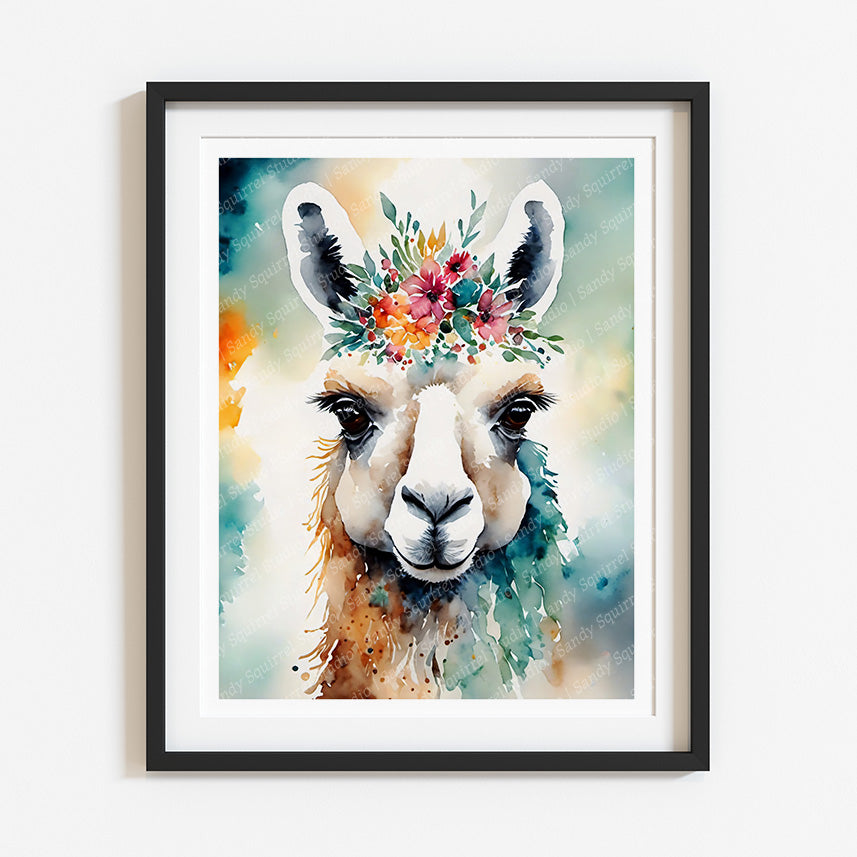 "Floral Whimsy" Original Watercolor-Style Llama Wall Art