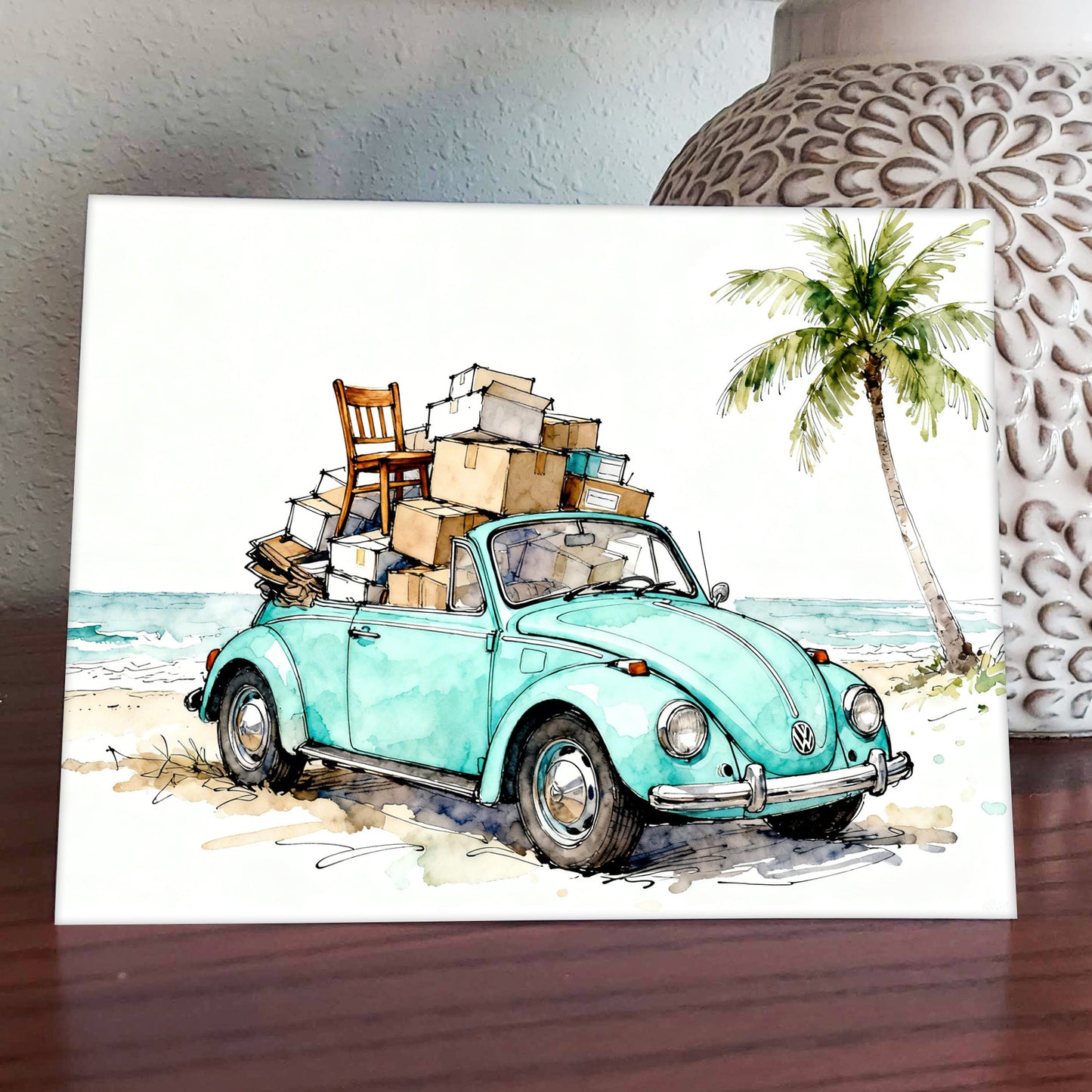 Florida Bug Watercolor Style Coastal Beach VW Art