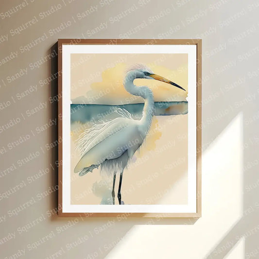 ’Glow’ Original Crane Coastal Beach Art Home Decor Wall Print 8X10