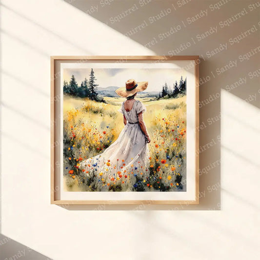 ’Graceful Horizons’ Watercolor Style Woman In Meadow Art Print 12 X