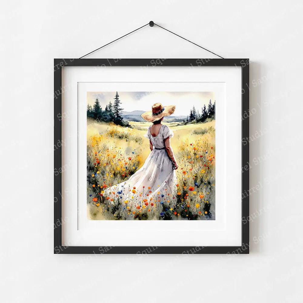 ’Graceful Horizons’ Watercolor Style Woman In Meadow Art Print 8 X