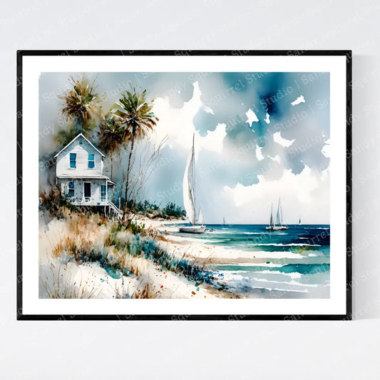 ’Grounded’ Coastal Ocean Beach House And Sailboats Original 10×8 Inch Wall Art Print