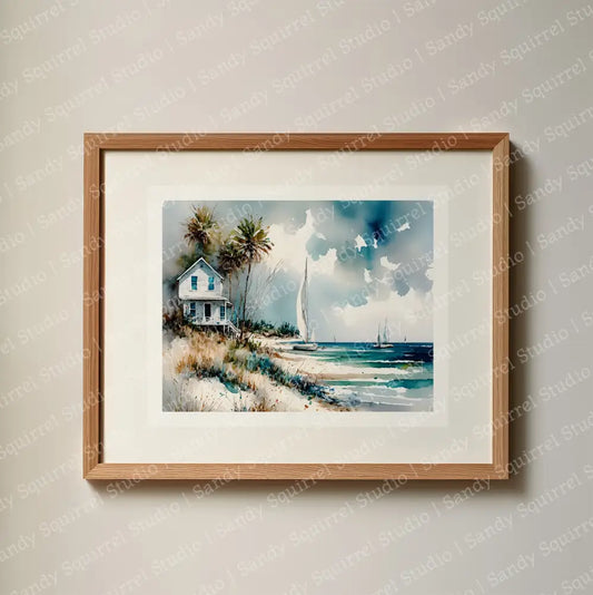 Grounded Watercolor-Style Coastal Beach House Art Print 8X10