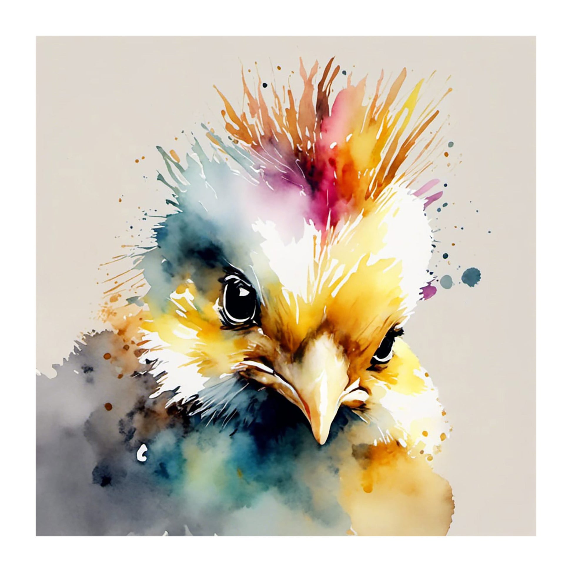 ’Hawk’ Original Ch9Icken With Mohawk Art Print 8X8 Home Decor Watercolor Style Wall Muted Colors