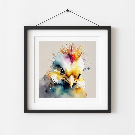 ’Hawk’ Original Ch9Icken With Mohawk Art Print 8X8 Home Decor Watercolor Style Wall Muted Colors