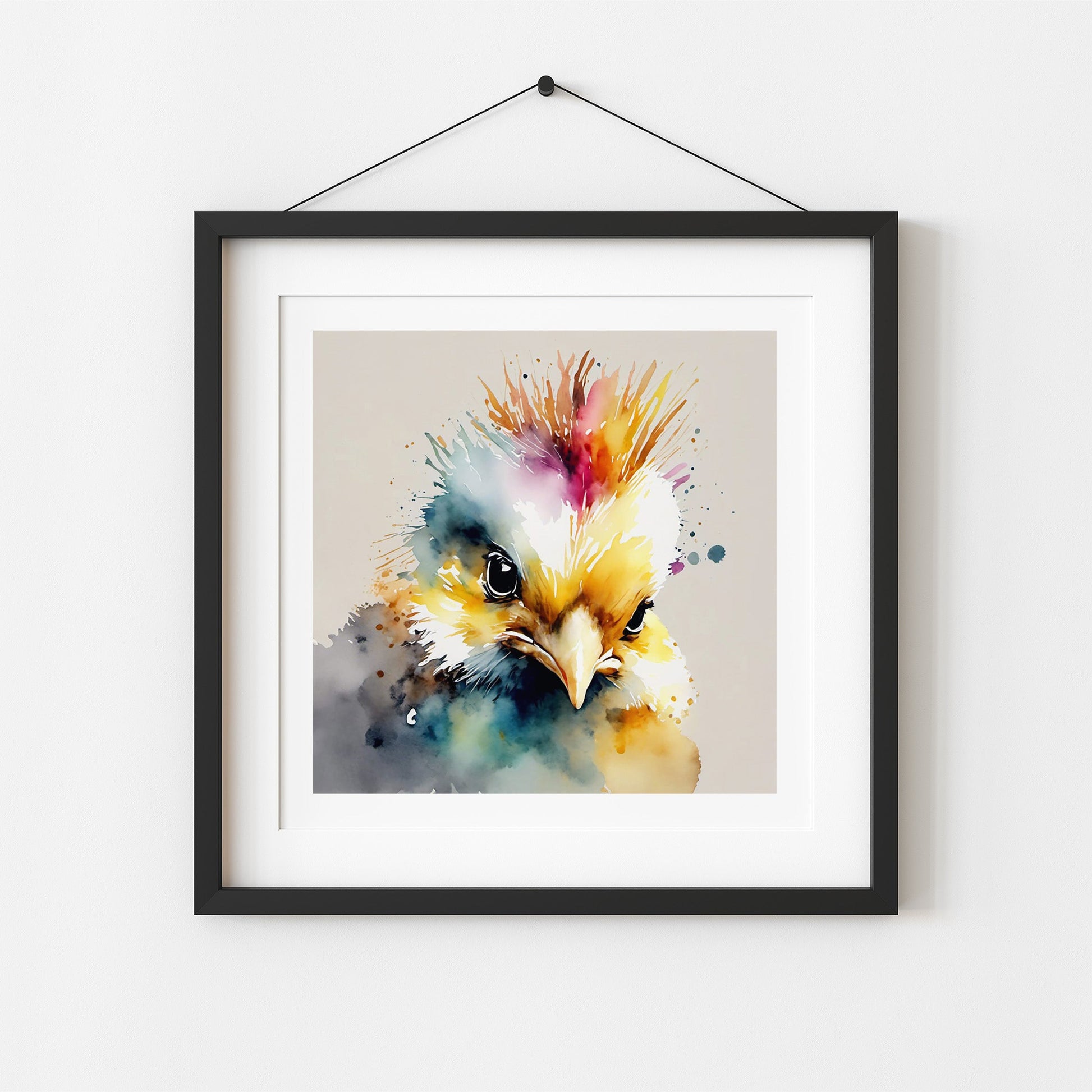 ’Hawk’ Original Ch9Icken With Mohawk Art Print 8X8 Home Decor Watercolor Style Wall Muted Colors