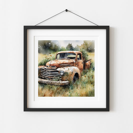 ’History Ignored’ Abandoned Farm Truck Original Rural Art Print 8X8 Home Decor Watercolor Style