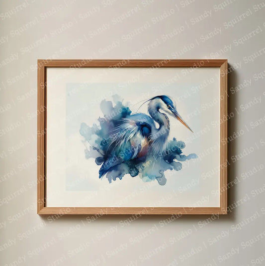 ’Huey’ Original Blue Heron Coastal Beach Art Watercolor Style Home Decor Wall Print