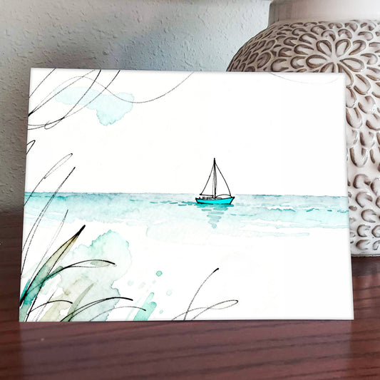 Lazy Day Watercolor Style Coastal Sailboat Art
