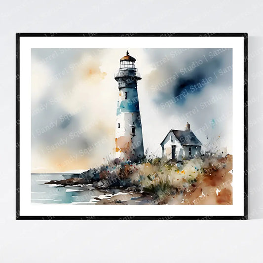 ’Lighthouse In Blue’ 10X8 Original Coastal Beach Art Print Watercolor Style Home Decor Wall