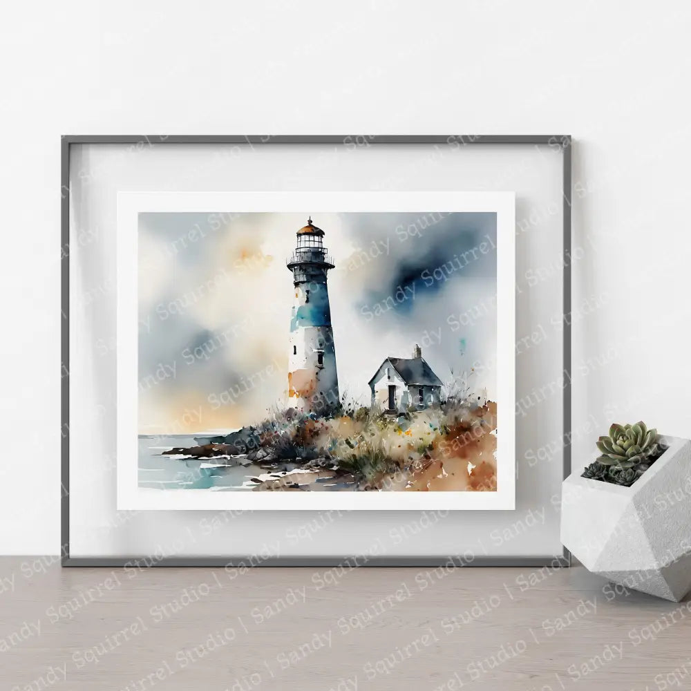 Lighthouse In Blue Watercolor-Style Coastal Art Print