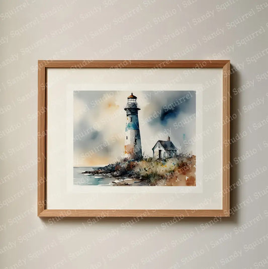 Lighthouse In Blue Watercolor-Style Coastal Art Print