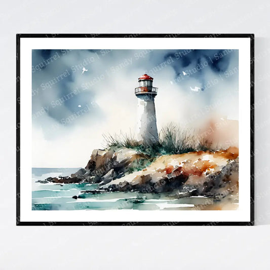 ’Lighthouse In Red’ 10X8 Original Coastal Beach Art Print Watercolor Style Home Decor Wall