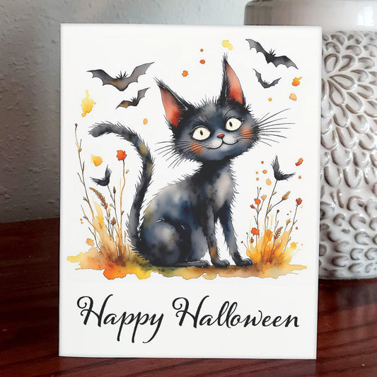 Lucky Watercolor Style Halloween Black Cat Art