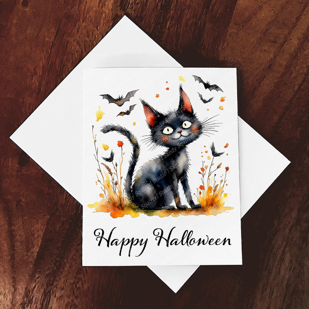 Lucky Watercolor Style Halloween Black Cat Art
