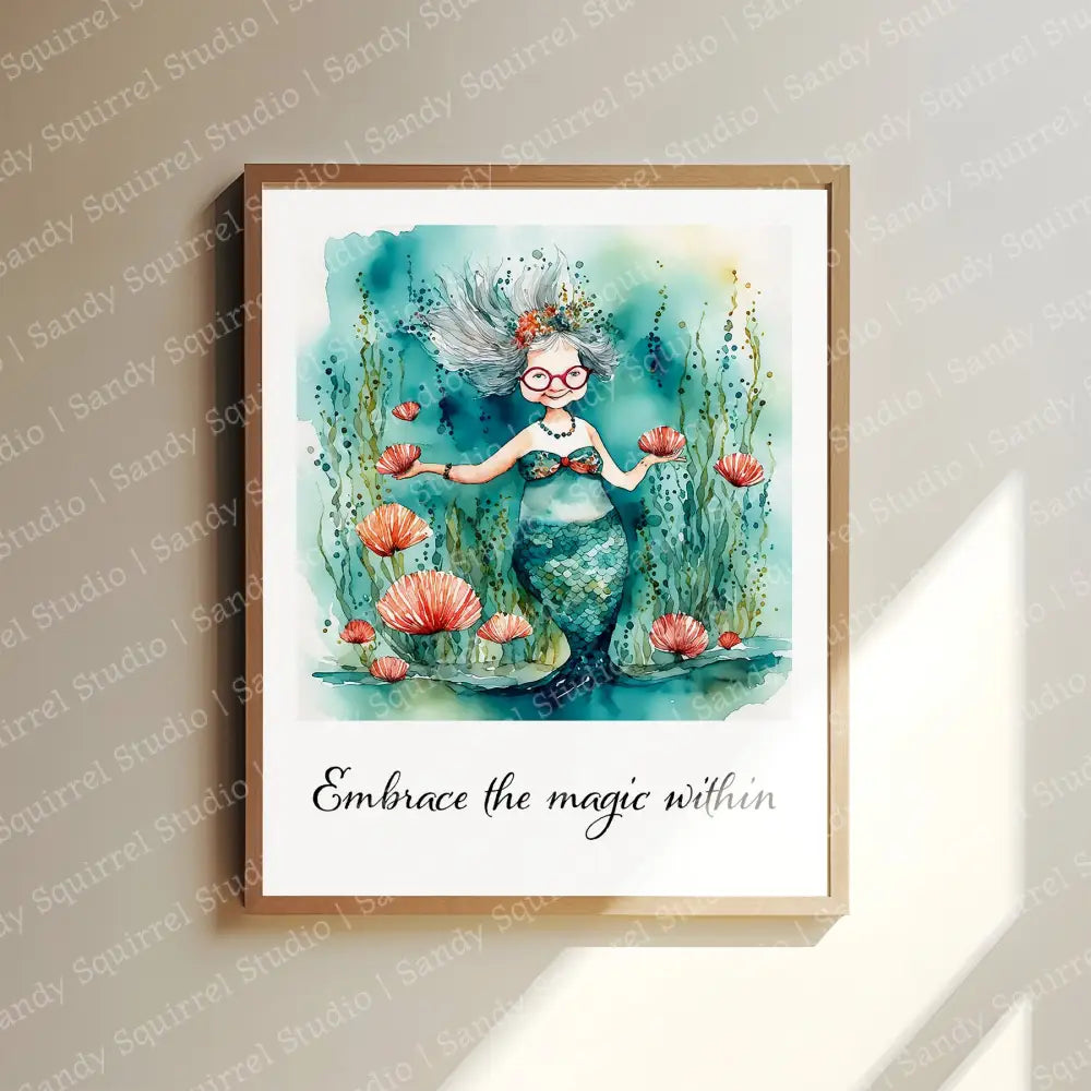 ’Magic’ Original Whimsical Mermaid Grandmother Art Home Decor Wall Print 8X10 With Quote