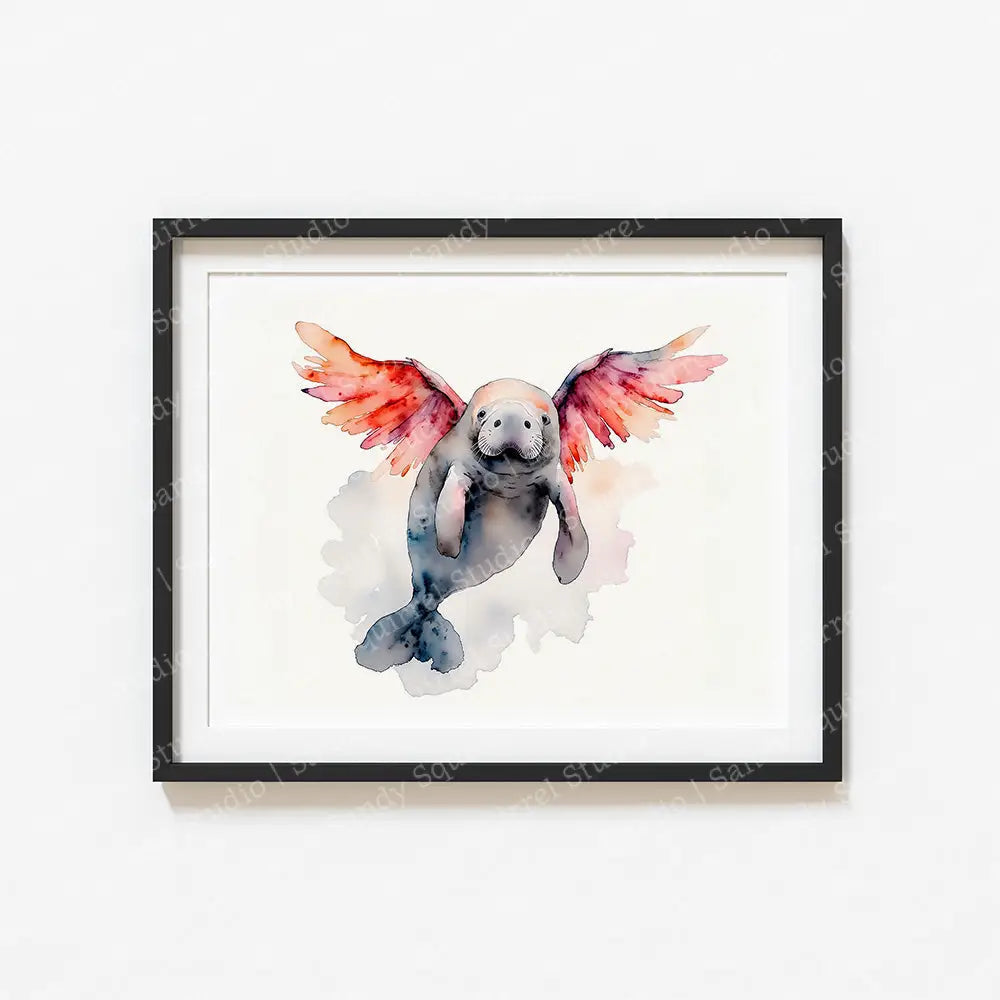 ’Manatee In Flight’ Whimsical Coastal Manatee Wall Art Print Home Decor 14 X 11