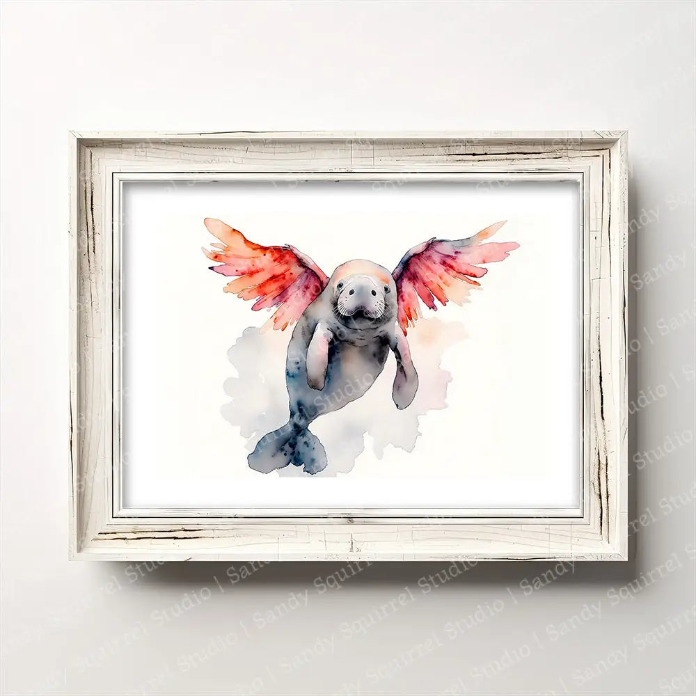 ’Manatee In Flight’ Whimsical Coastal Manatee Wall Art Print Home Decor 7 X 5