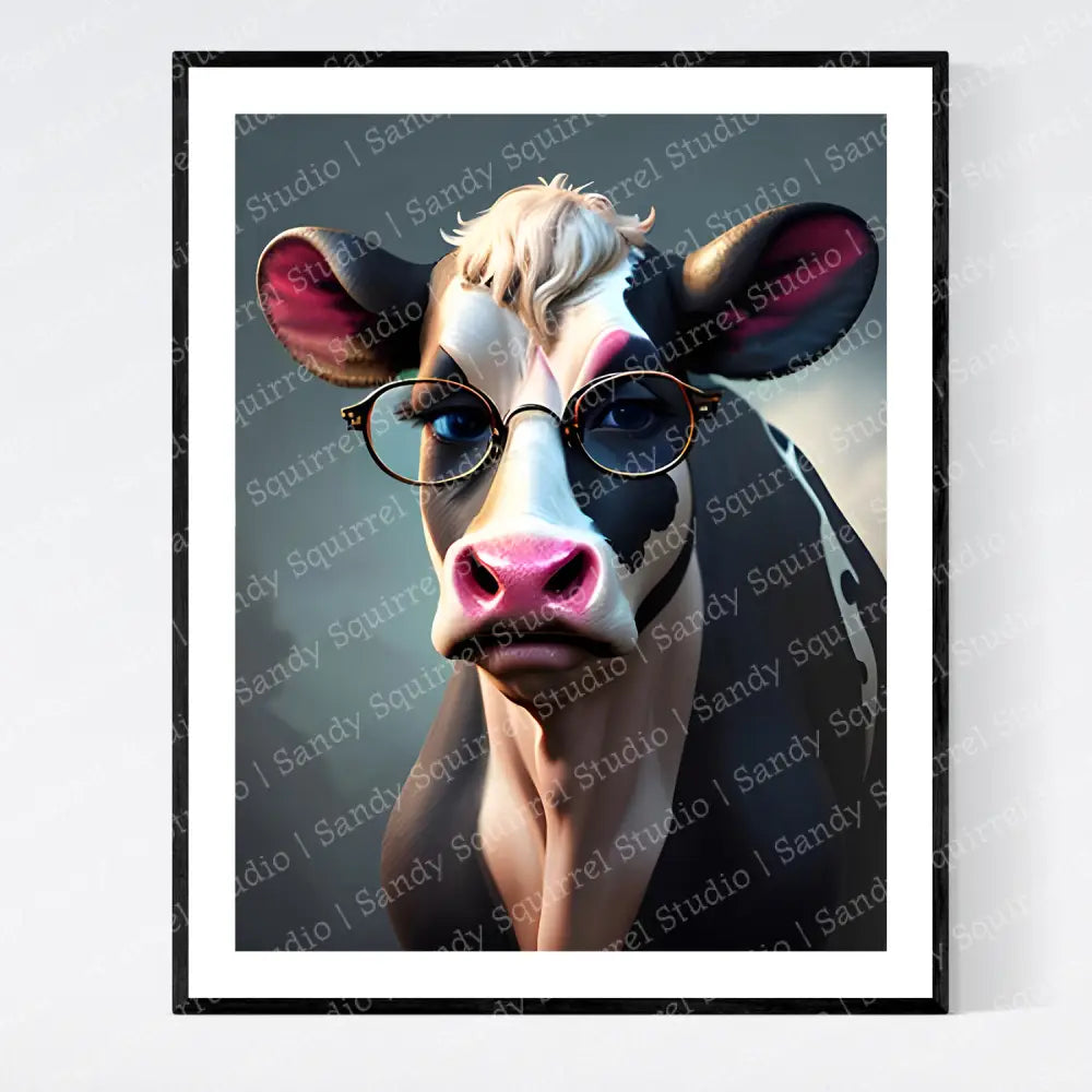 ’Maurice’ Whimsical Cow With Glasses Original 8×10 Inch Wall Art Print Pop Style Home Decor