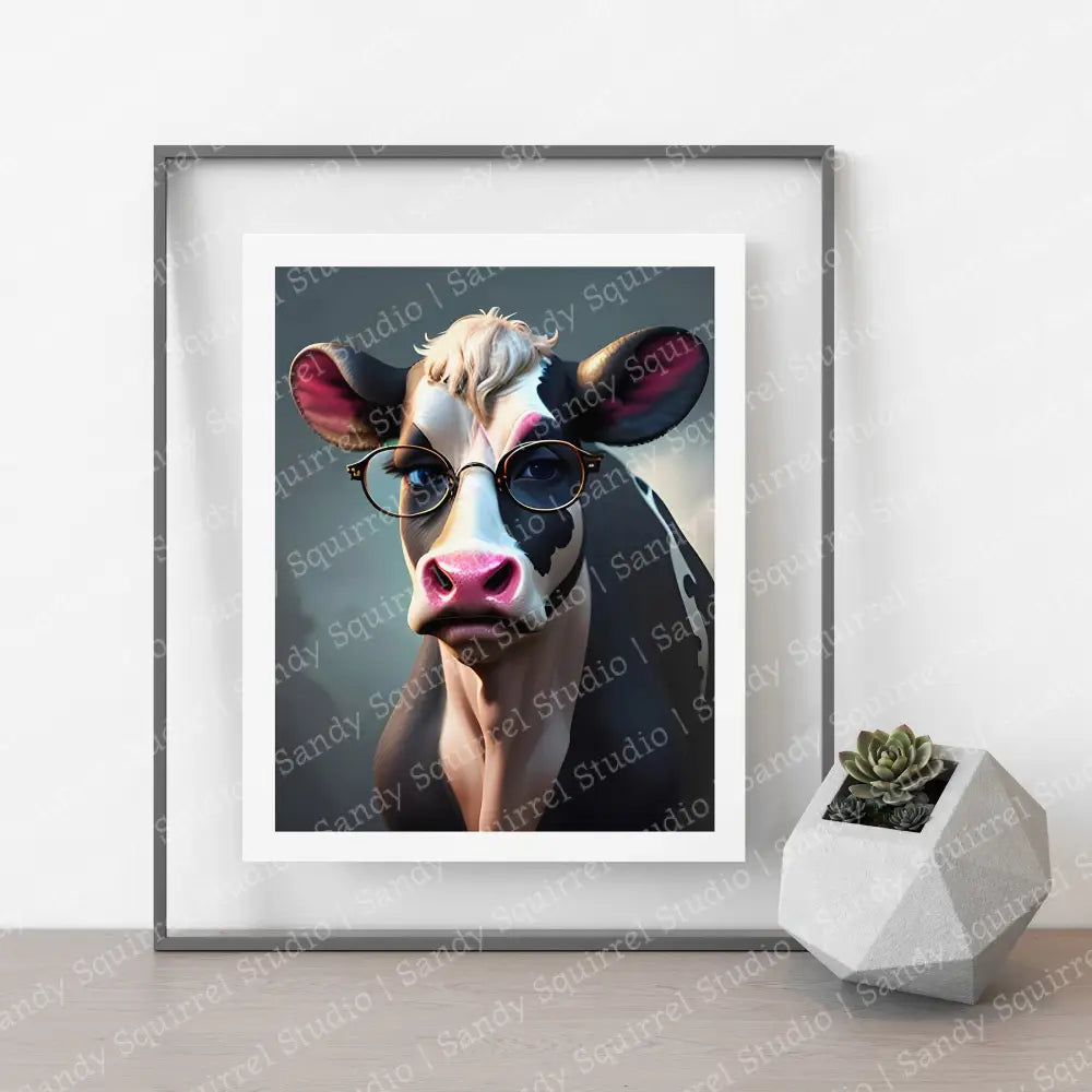 ’Maurice’ Whimsical Cow With Glasses Original Inch Wall Art Print Pop Style Home Decor 4X5