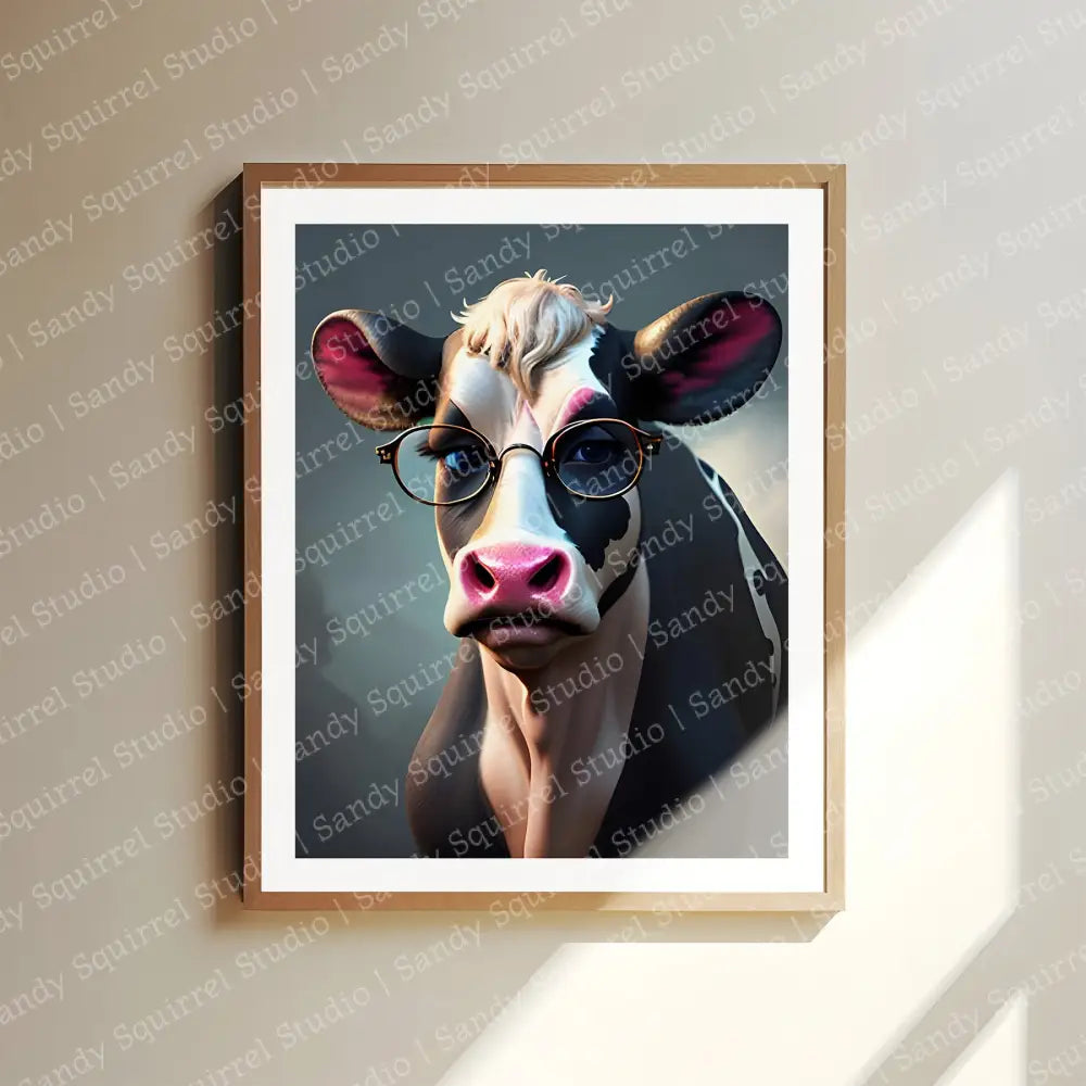 ’Maurice’ Whimsical Cow With Glasses Original Inch Wall Art Print Pop Style Home Decor 8X10