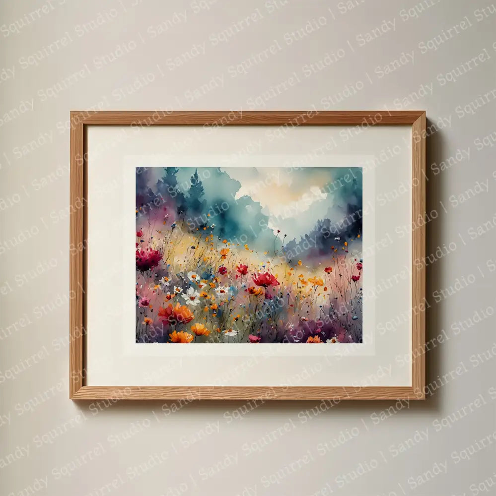 Meadow Watercolor-Style Wildflower Field Art Print 8X10