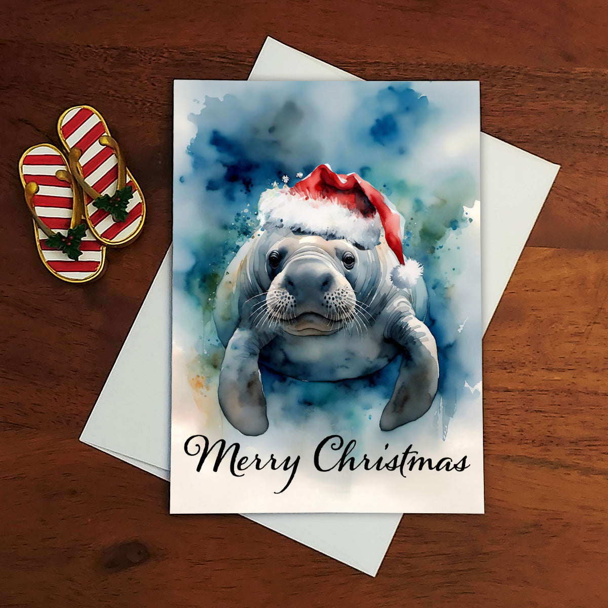 Merry Manatee Original Watercolor-Style Coastal Manatee Christmas Art