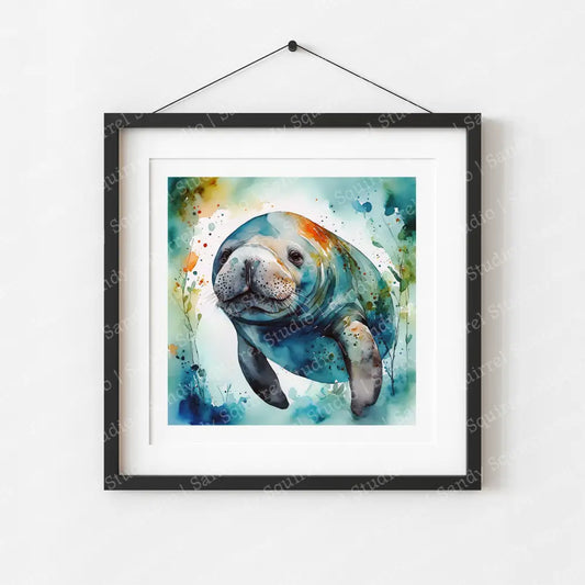 ’Molly’ Original Manatee Art Print 8X8 Home Decor Watercolor Style Wall With Muted Coastal Colors