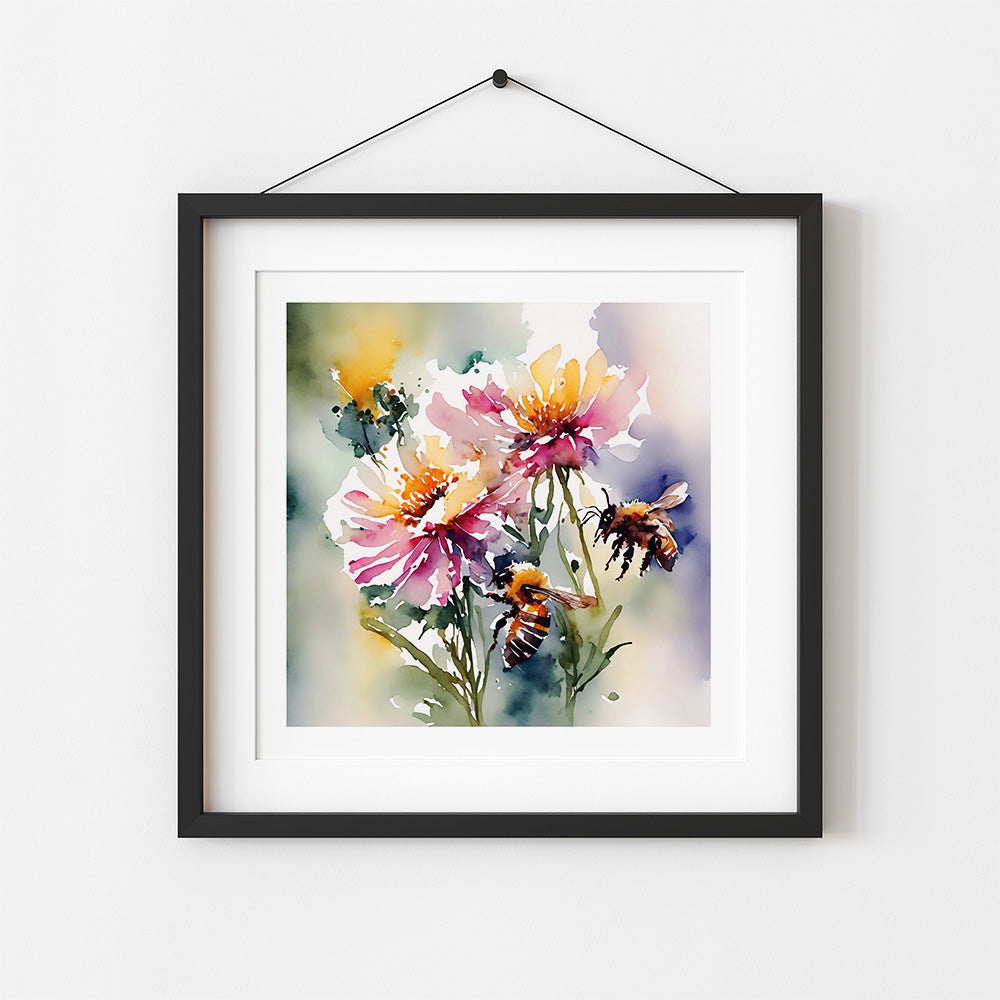 ’Nature’s Ballet’ Original Watercolor-Style Floral Bee Wall Art 8X8 Print