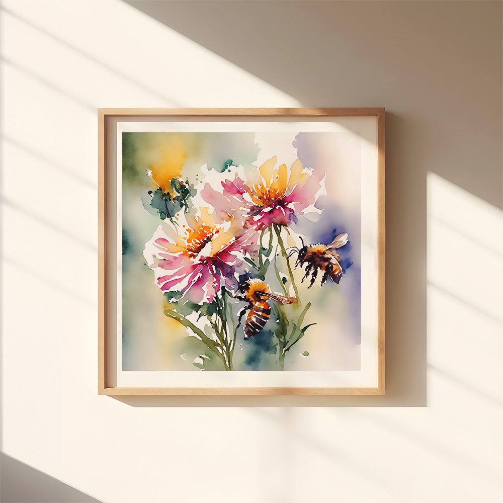 ’Nature’s Ballet’ Original Watercolor-Style Floral Bee Wall Art 12X12 Print