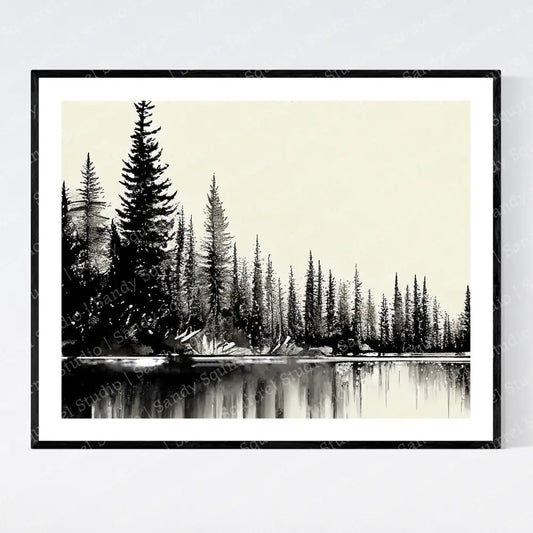 ’North Woods In Black’ Black Ink Original North Lake Art Print 10X8 Home Decor Monochromatic Wall