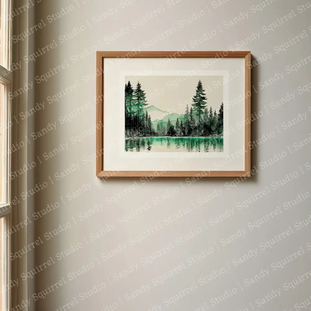 ’North Woods In Green’ Green Black Ink Original North Lake Art Print 10X8 Home Decor Wall