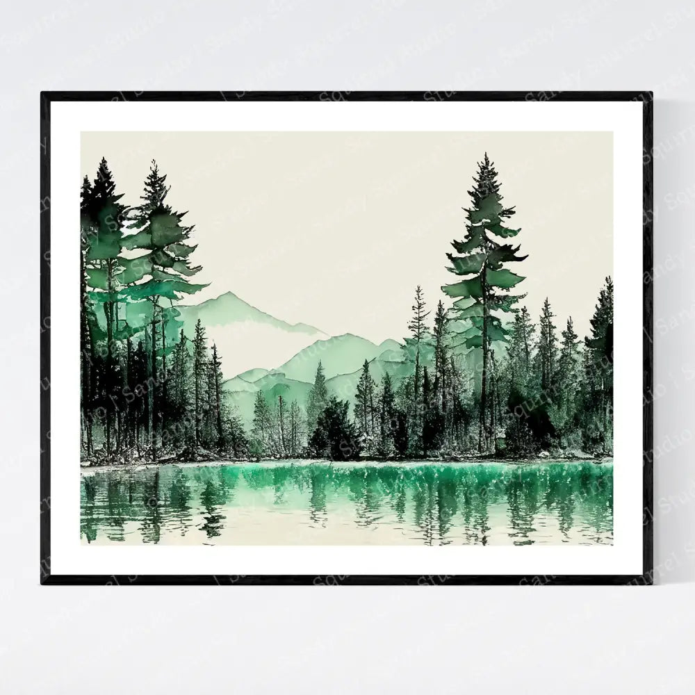 ’North Woods In Green’ Green Black Ink Original North Lake Art Print 10X8 Home Decor Wall