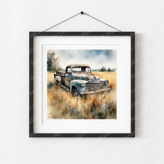 ’Out To Pasture’ Original Rural Farm Truck Art Print 8X8 Home Decor Watercolor Style Wall With