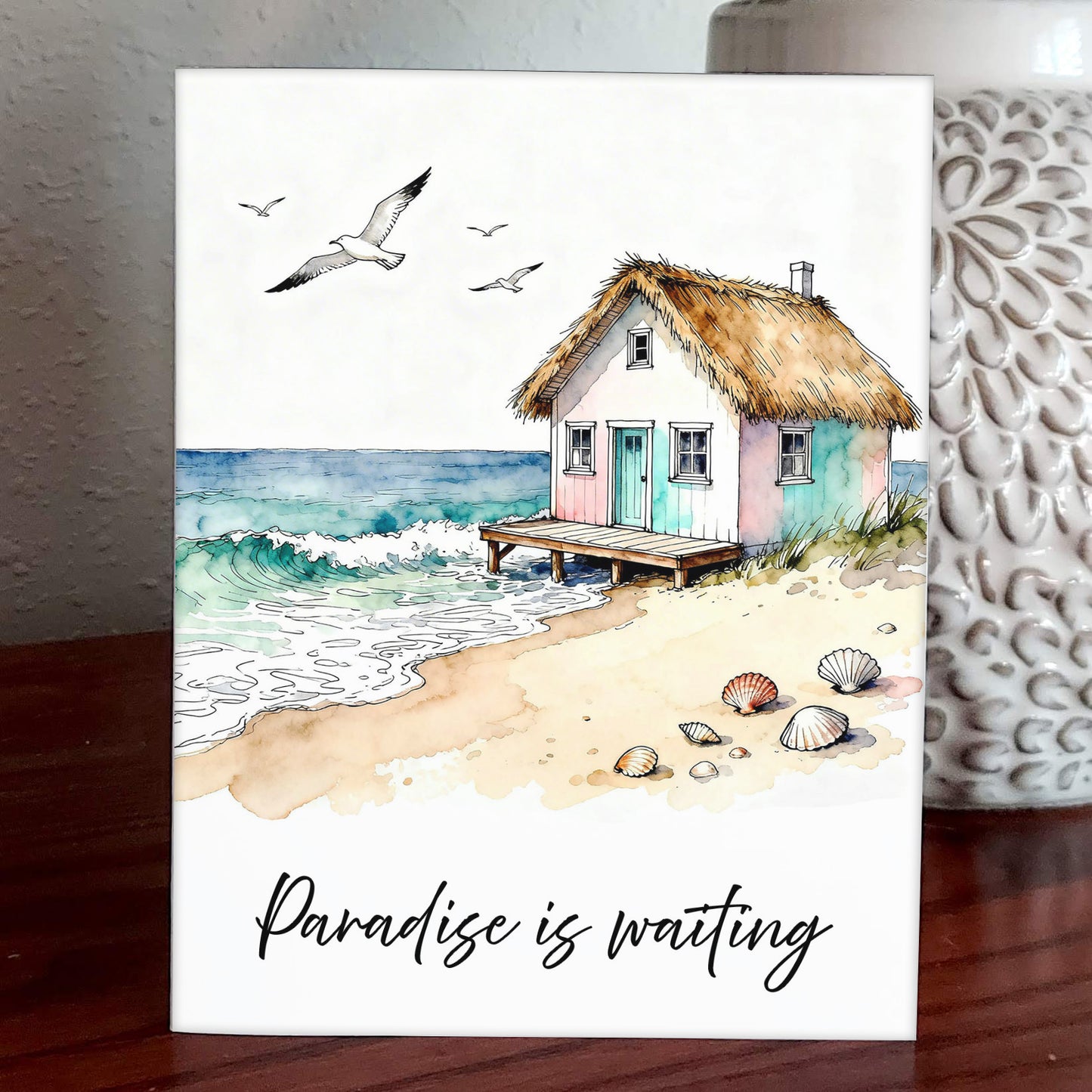 Paradise Watercolor Style Coastal Beach Dock Art