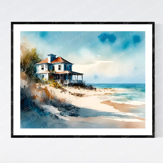 ’Porch’ Original Coastal Beach House Art Print Watercolor Style 10X8 Home Decor Wall With Muted