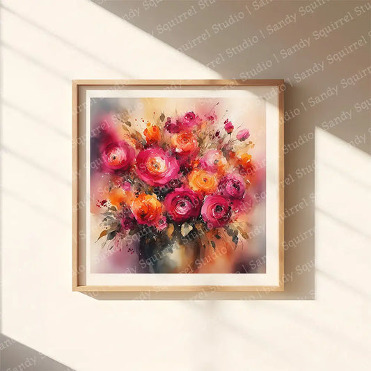 ’Radiant Blooms’ Vibrant Floral Original Art Print Home Decor Watercolor Style Wall 12X12