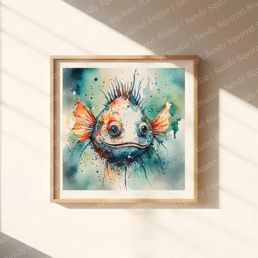 ’Radiant Grin’ Original Whimsical Blow Fish Art Home Decor Wall Print 12X12