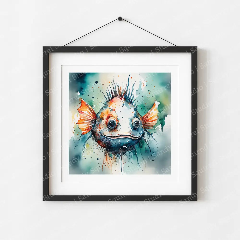 ’Radiant Grin’ Original Whimsical Blow Fish Art Home Decor Wall Print 8X8