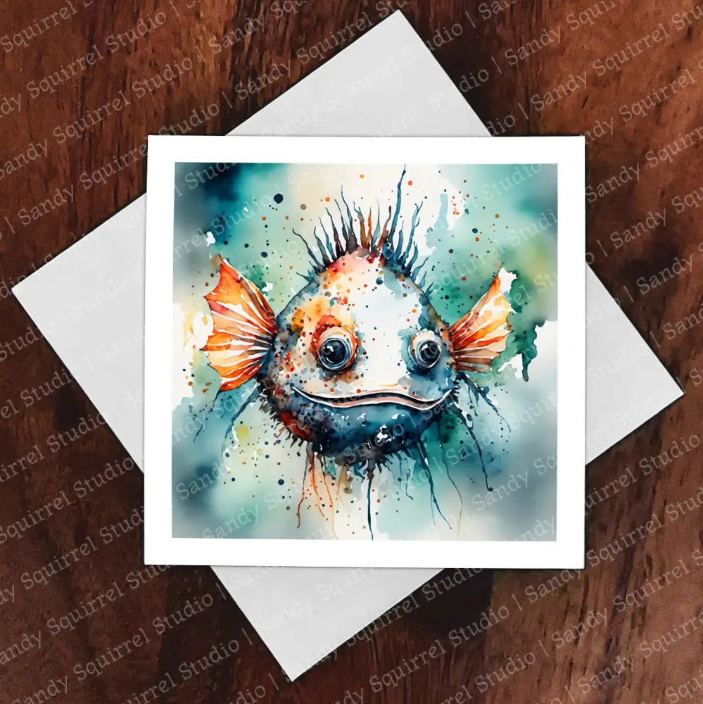 ’Radiant Grin’ Original Whimsical Blow Fish Art Home Decor Wall Print Single Notecard